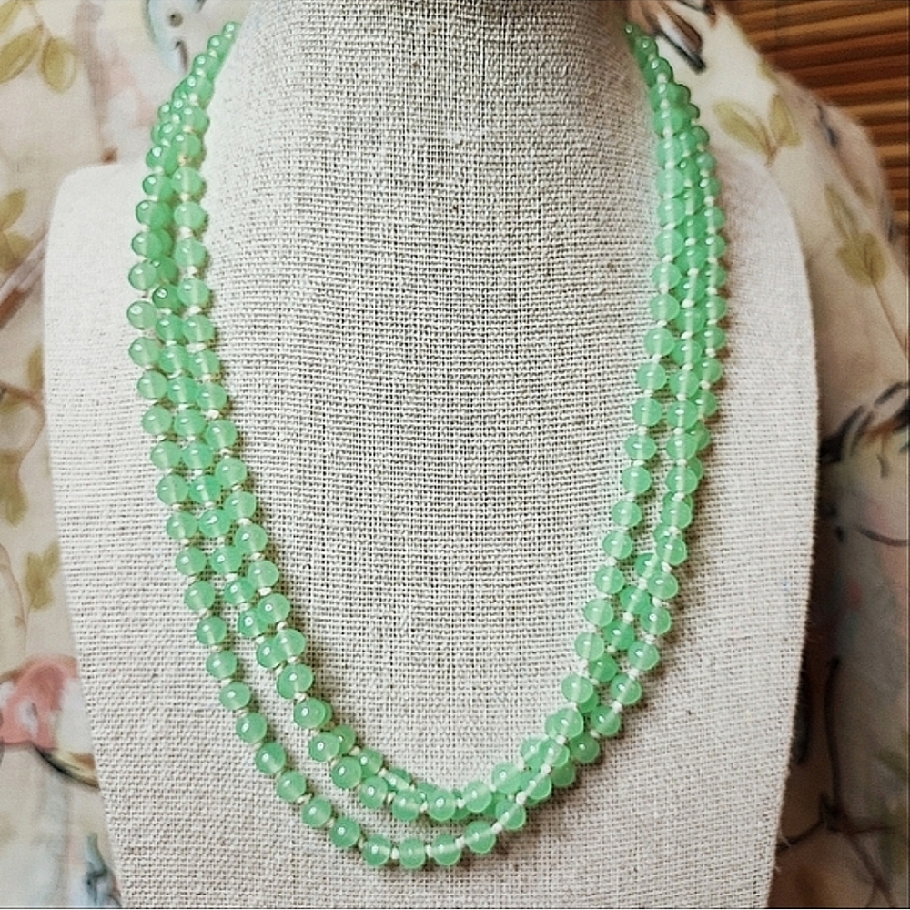 Jadeite Jadite Color Mint Green Glass Vintage Beaded 56"  Necklace Knotted